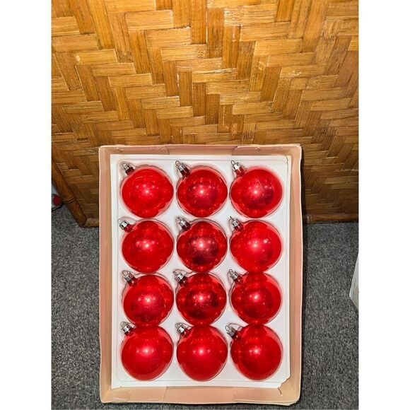 Vintage Christmas Glass Ball Ornaments-Red Round Ball 12 Ct In Box-Good Cond - Picture 2 of 5